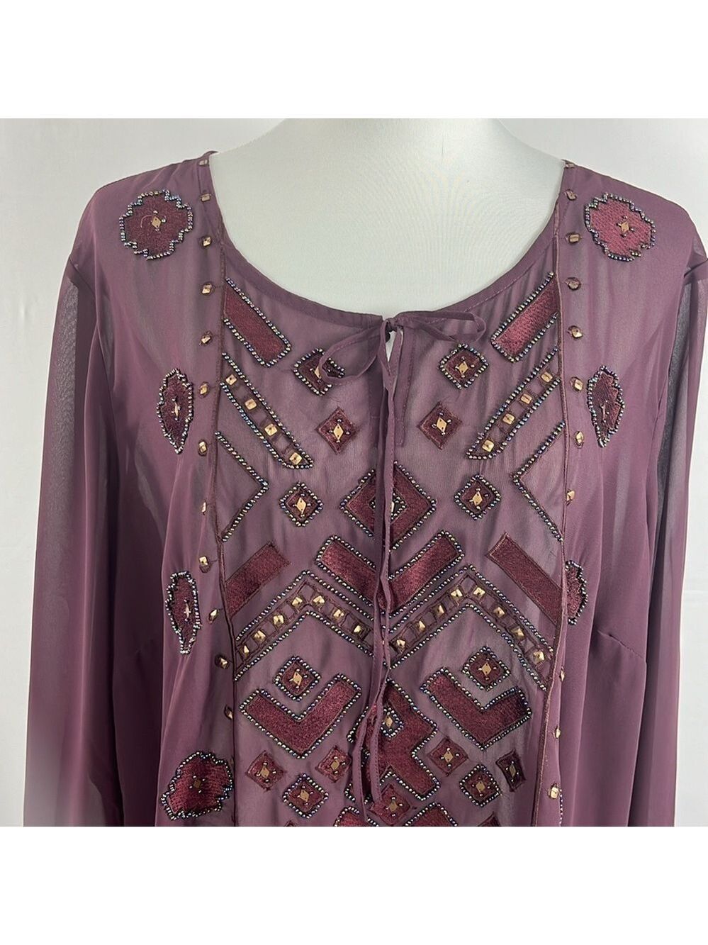 LOGO Lavish by Lori Goldstein Burgundy Sheer Peplum Top Beading Sequins 28W NWOT - Picture 3 of 12